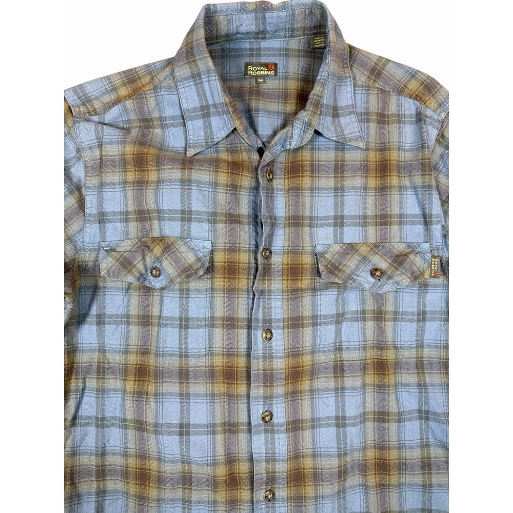 Royal Robbins Mens Medium Blue Plaid Flannel Shirt Hiking Outdoor Button Up M